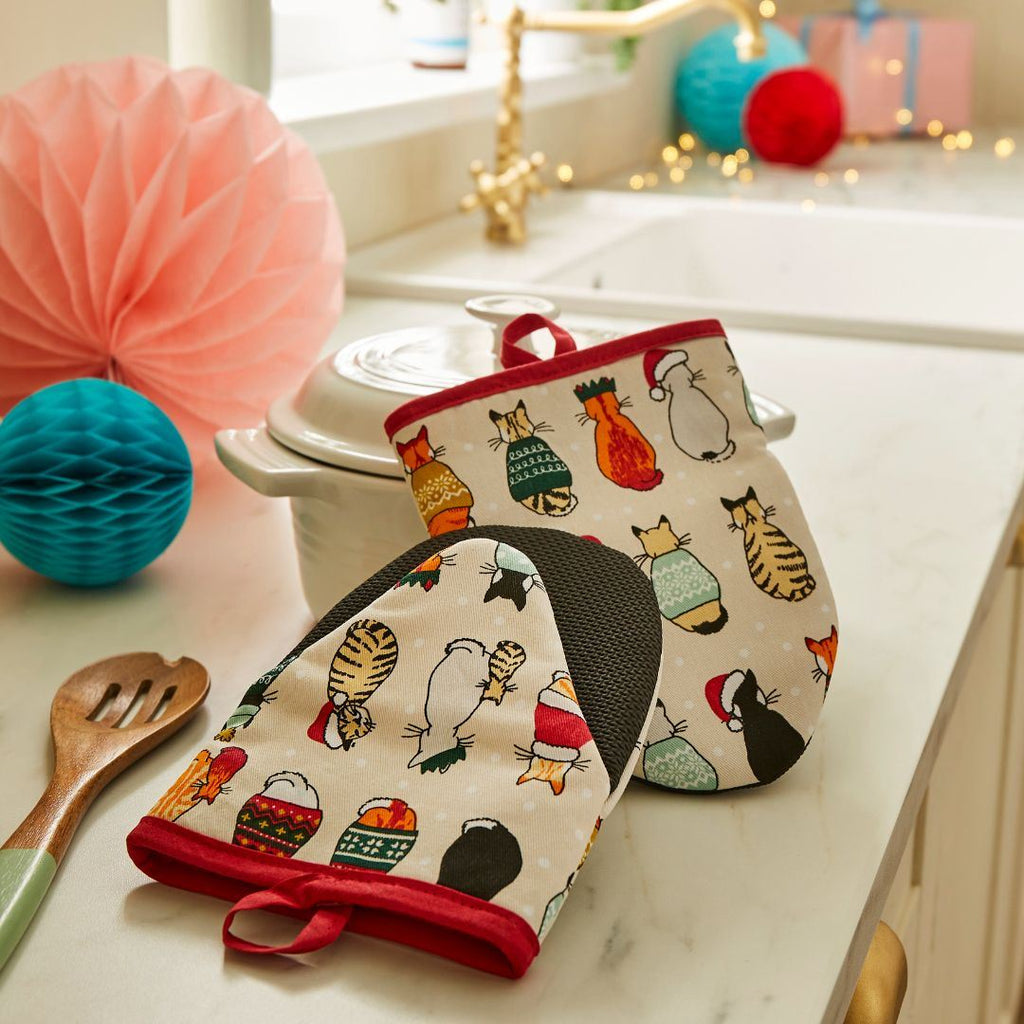 Gants de cuisine pour micro-ondes « Chats de Noël en attente » (paire) rouge/crème