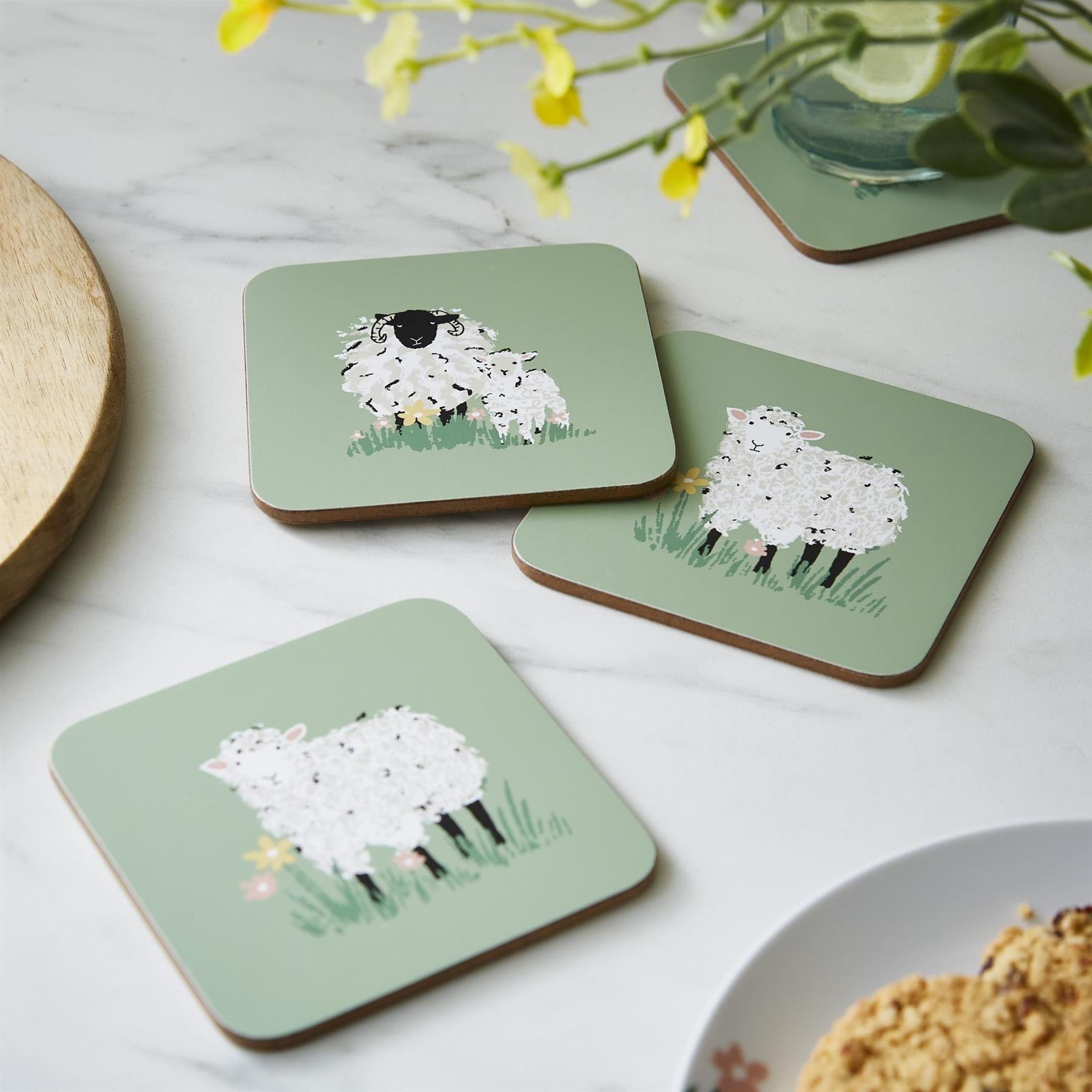 Sous-verres en laine à l'effigie de moutons, lot de 4, verts