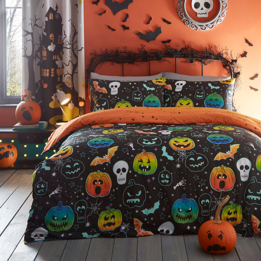 Parure de lit Halloween citrouilles effrayantes noire