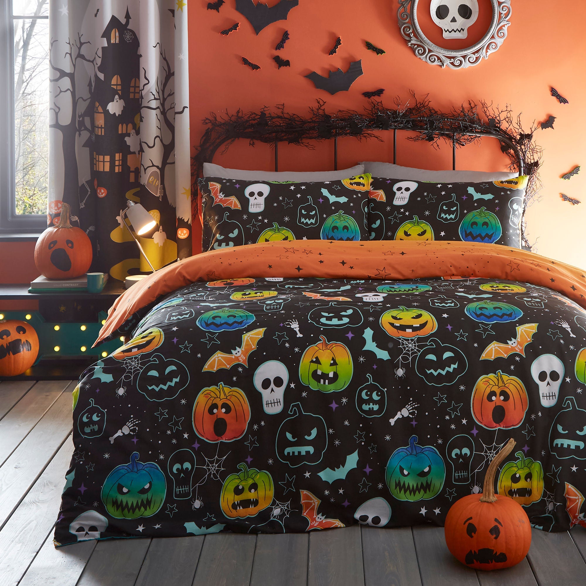 Parure de lit Halloween citrouilles effrayantes noire